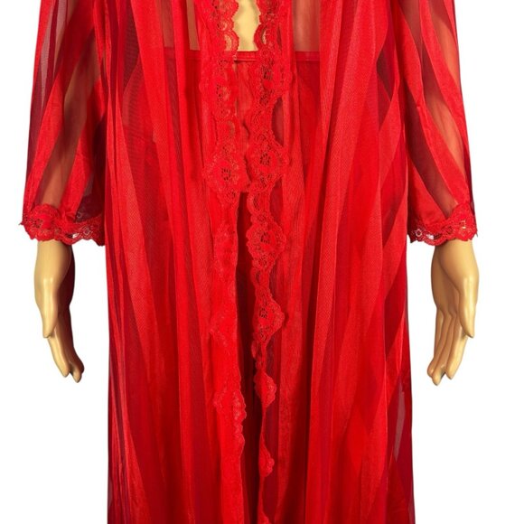 Vintage Jenelle of California Red Nylon Peignoir Set Sz M P Robe Pants Hollywood - Picture 7 of 16